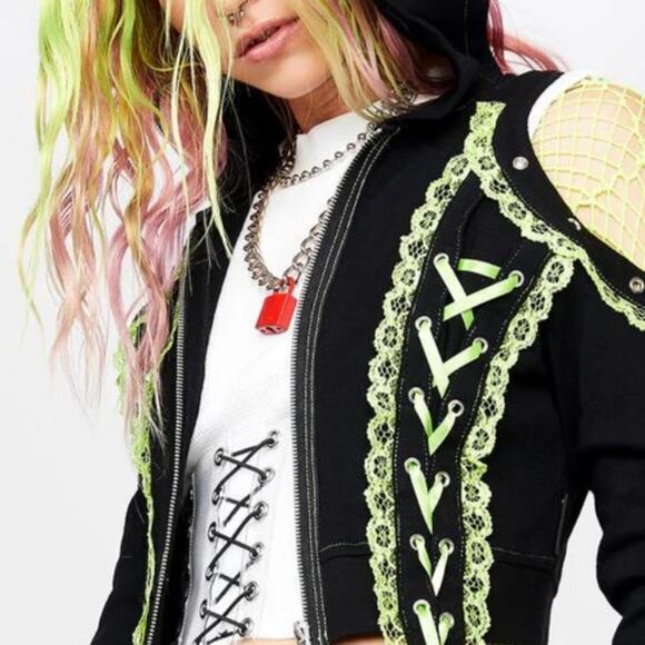 Tripp green lace zip crop hoodie large nwot - Picture 4 of 5